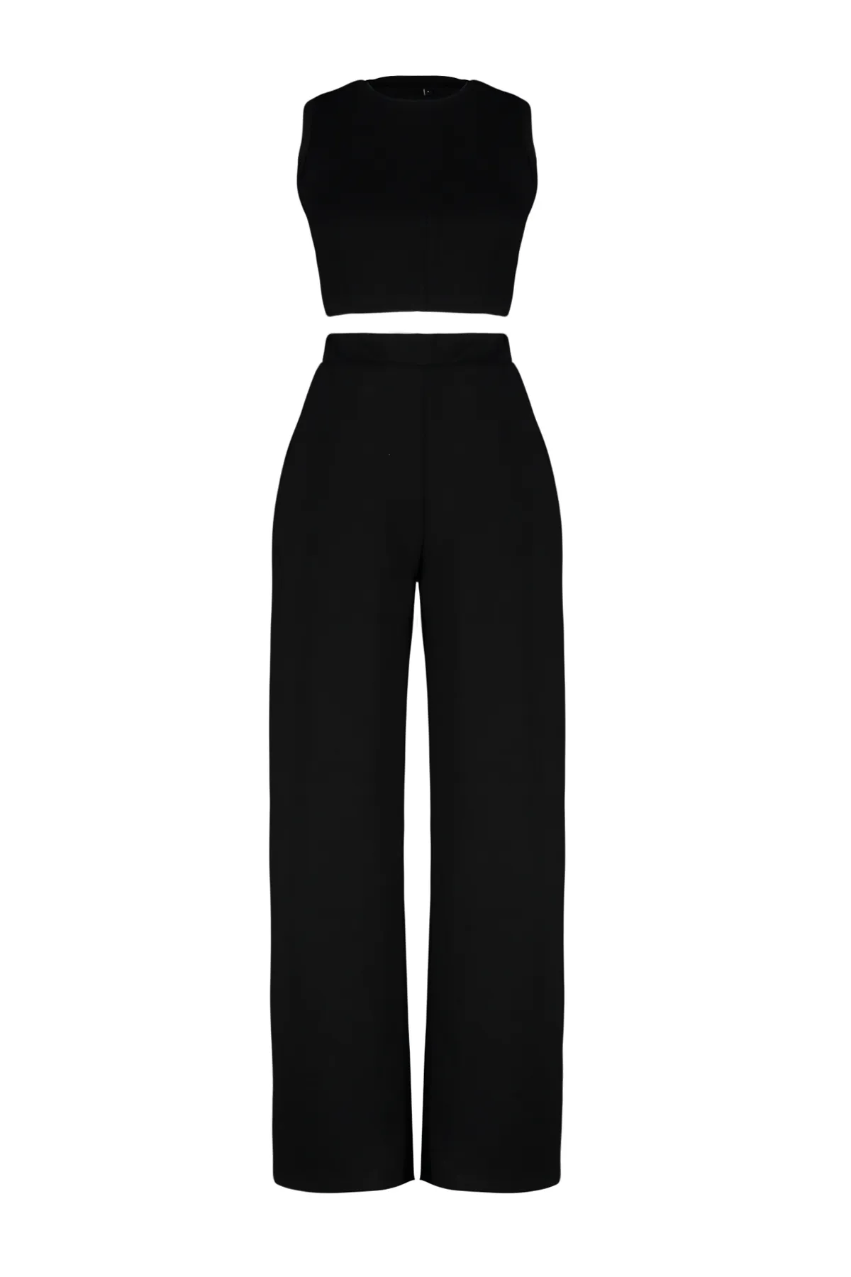 Trendyol Collection  Schwarzes, ärmelloses Crop-Top, entspannte Passform, gestricktes Oberteil und Unterteil, Set TWOSS24AU00121