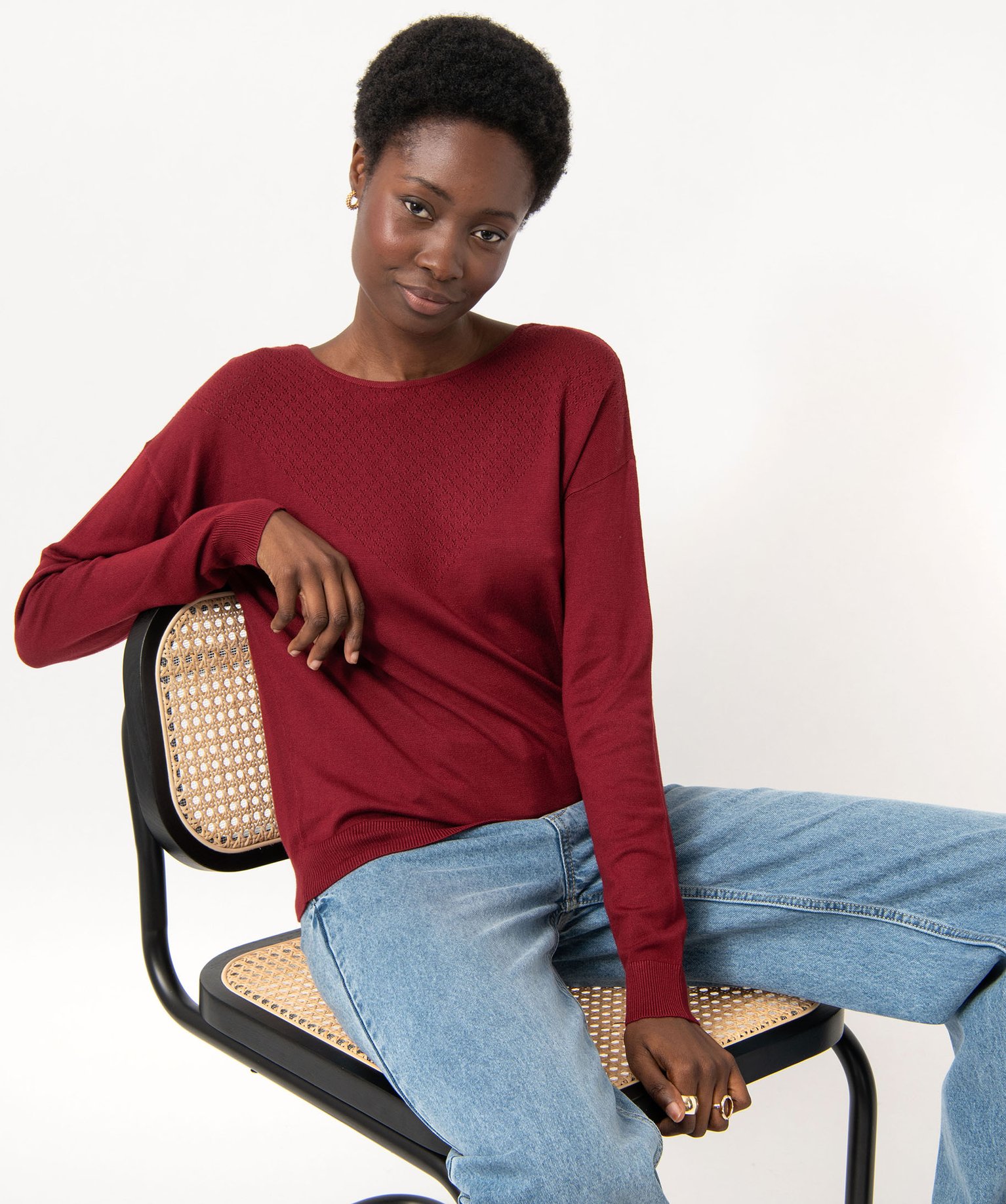 Pull fin à col rond avec dos croisé femme bordeaux | GEMO