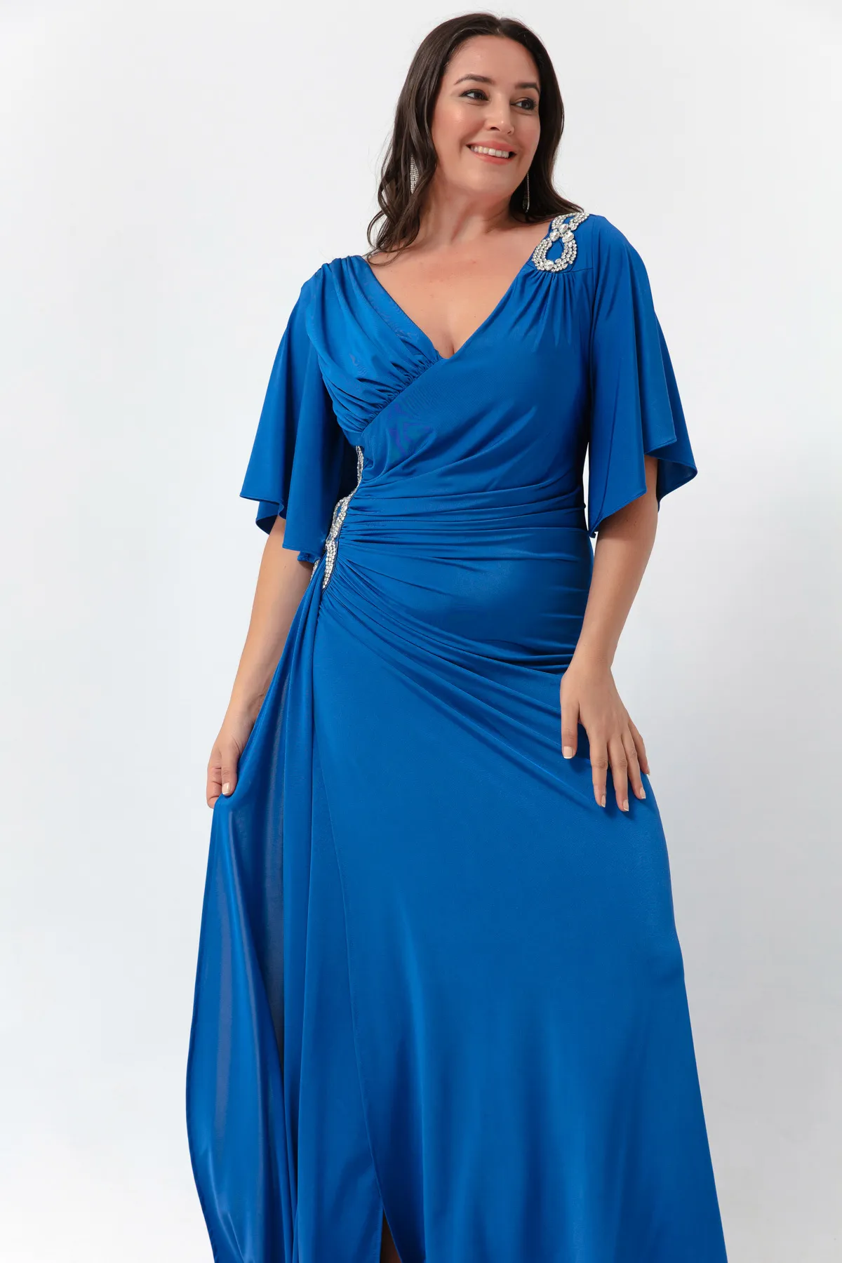 Lafaba  Blaues Abendkleid mit kurzen Ärmeln und Schlitz für Damen in Übergröße