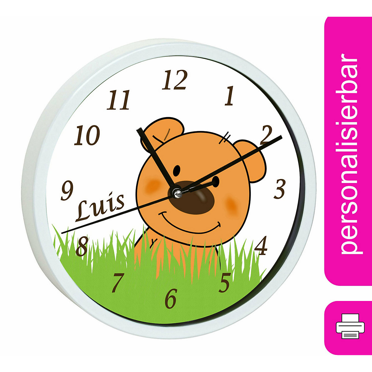 Kinder Wanduhr personalisiert mit Name Teddy Bär-Graß