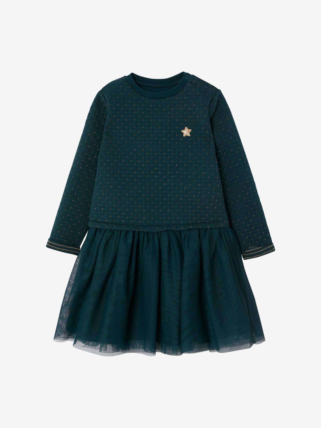 Vertbaudet Festliches Mädchen Kleid, Materialmix - grün