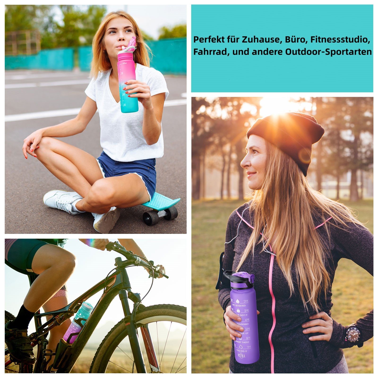 REDOM Trinkflasche Sport Wasserflasche Auslaufsicher Sportflasche 1 Liter BPA-Frei 1L, Zeitmarkierung und Strohhalm Fitness Outdoor Camping Fahrrad Wandern