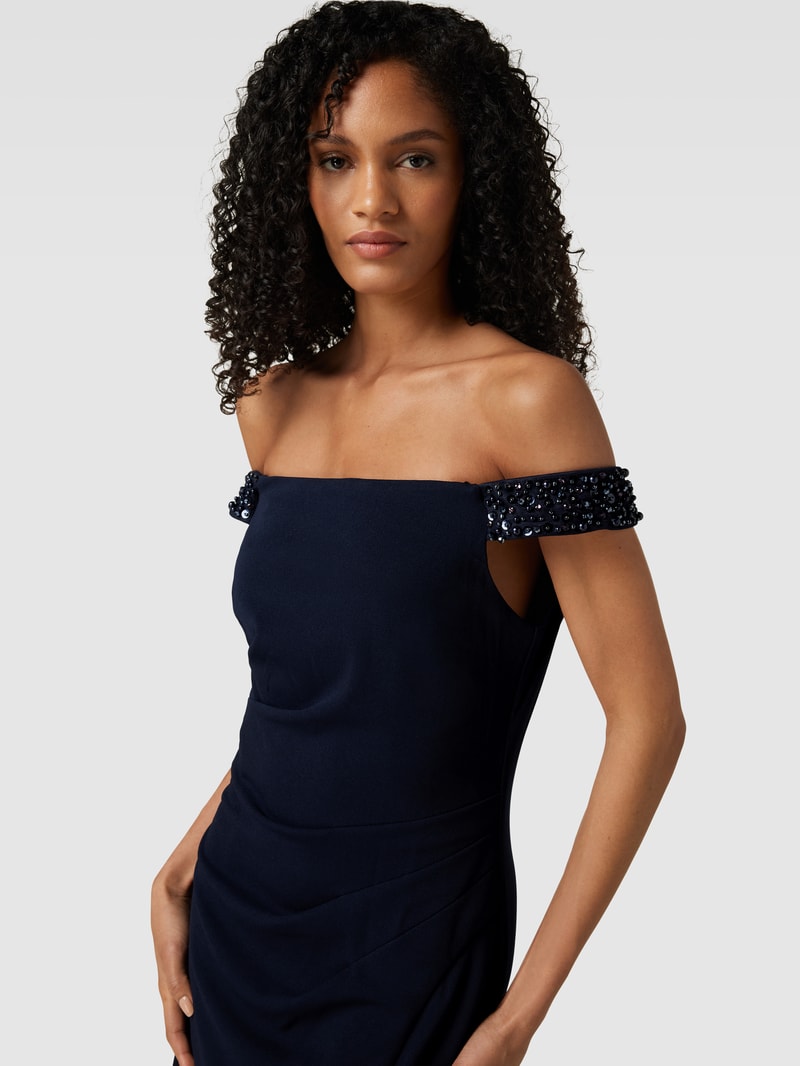 Abendkleid mit Carmen-Ausschnitt in marineblau