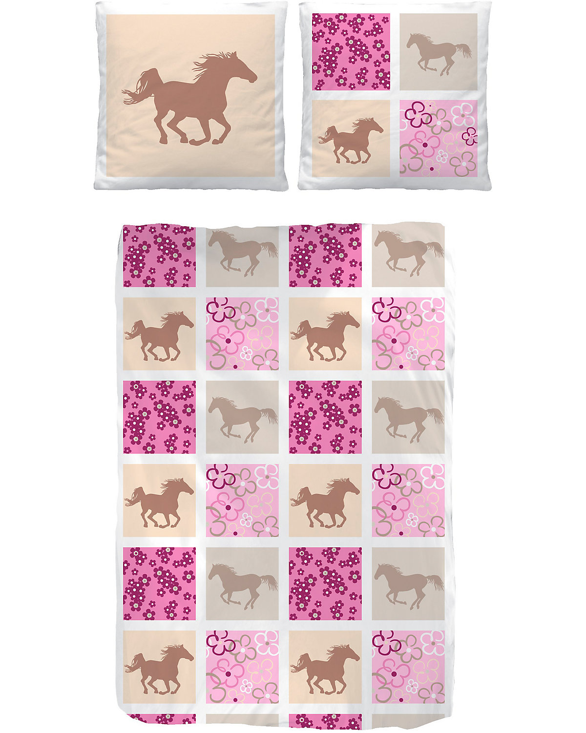 Pferdebettwäsche, Kinderbettwäsche Pferde, Biber, rosa, 135 x 200 cm + 80 x 80 cm