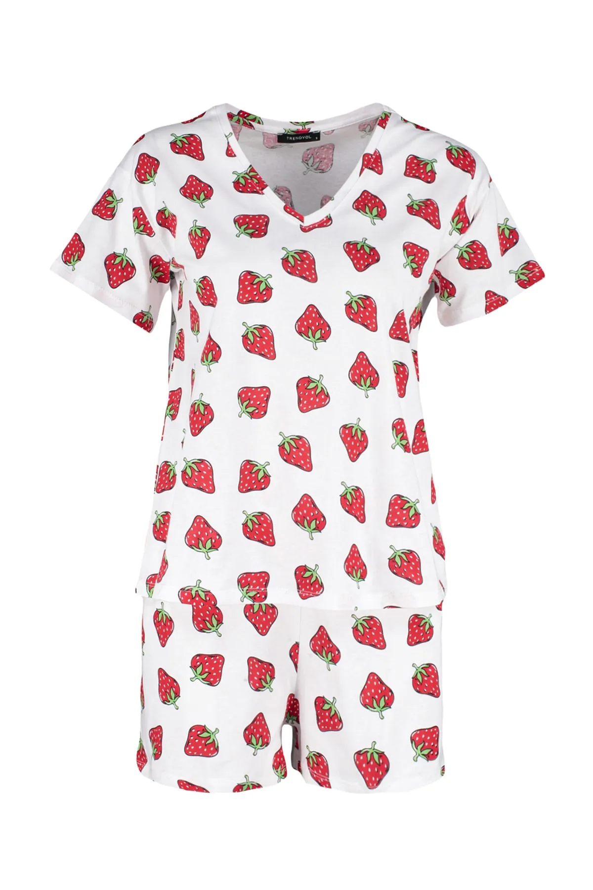 Trendyol Collection  Weißes gestricktes Pyjama-Set mit T-Shirt und Shorts aus 100 % Baumwolle mit Erdbeermuster THMSS23PT00013