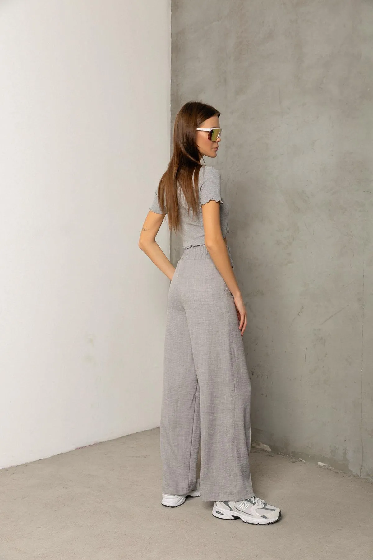 Domoda  Dekorative elastische Taille Weites Bein Doppeltasche Baumwolle Damenhose @Como