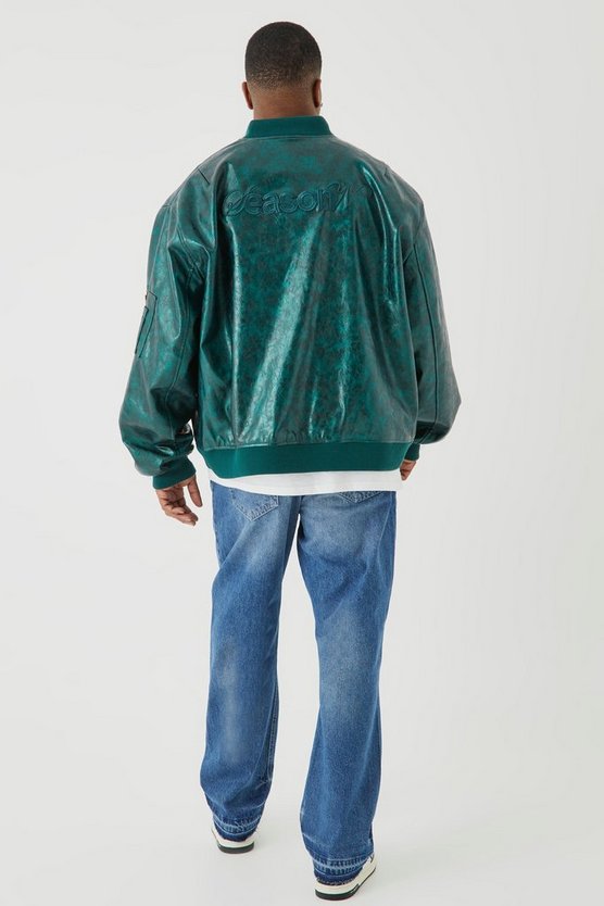 Plus hochglänzende PU-Bomberjacke mit Stickerei