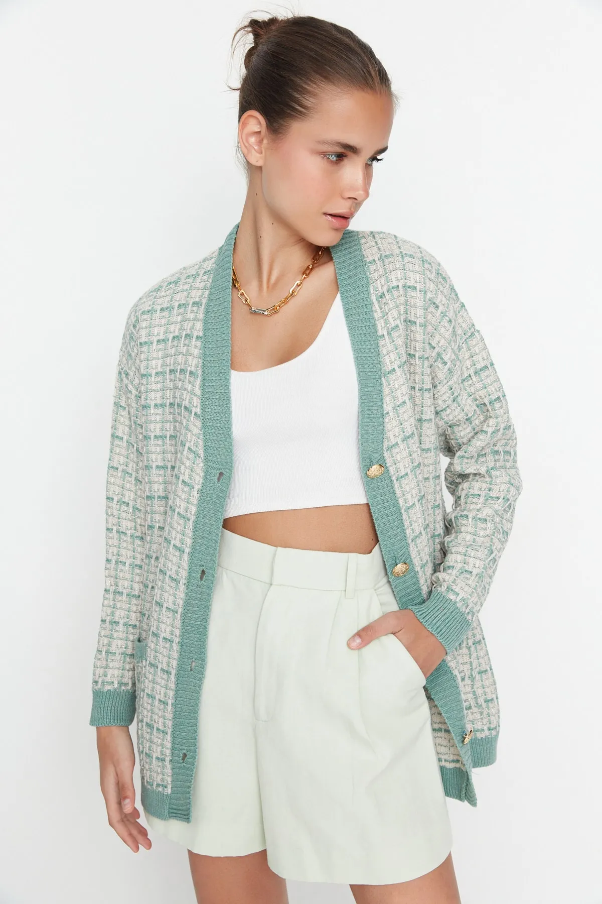 Trendyol Collection  Mintfarbene, weite Strickjacke in Tweed-Optik mit Glitzer TWOAW21HI0250
