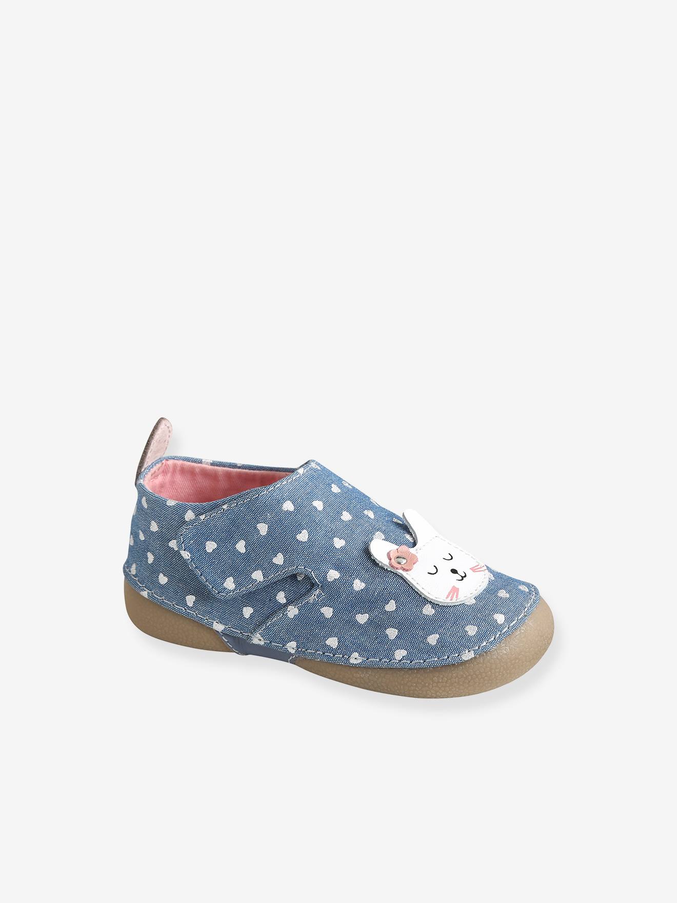 Vertbaudet Mädchen Baby Hausschuhe mit Klett, Chambray - blau