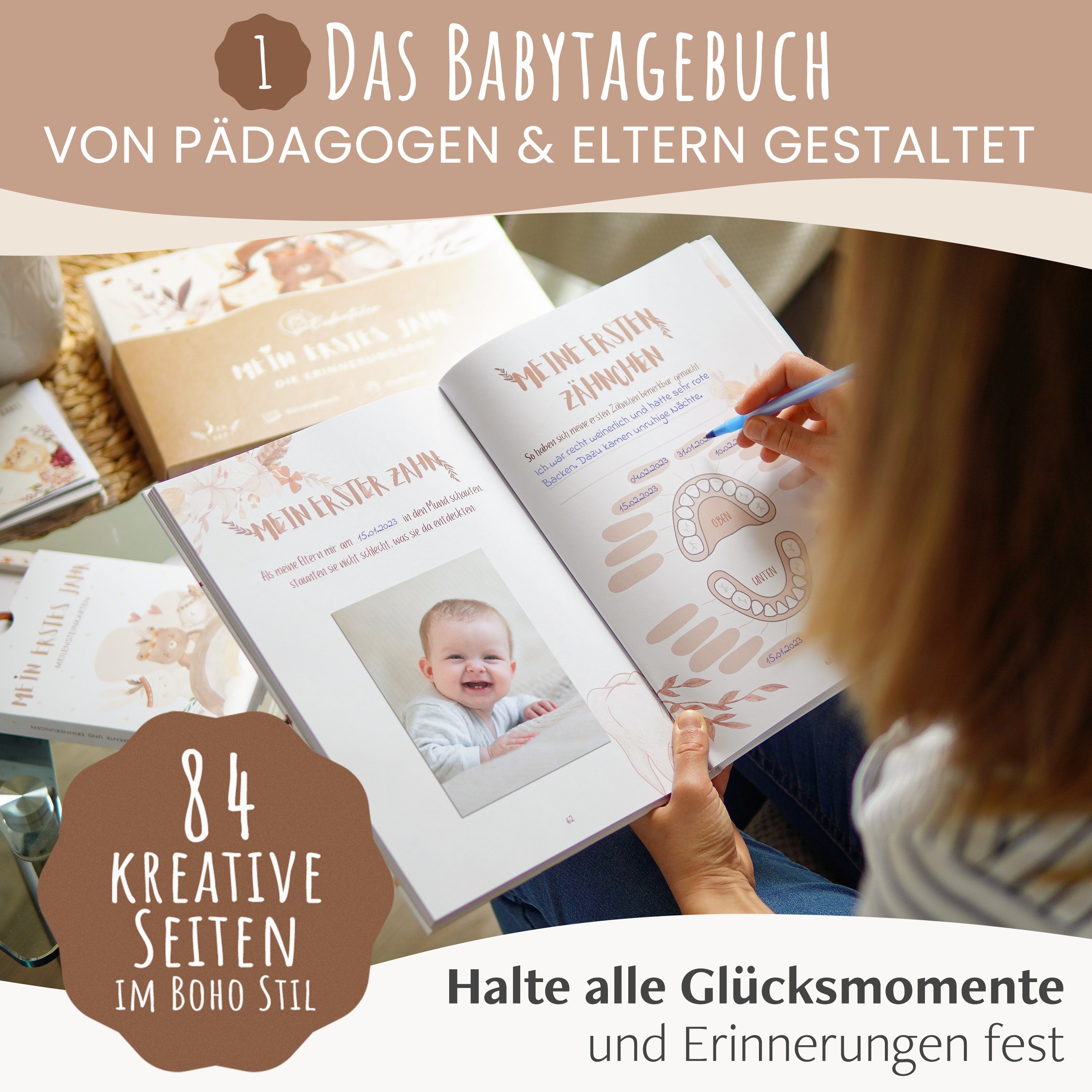 Eulentaler Tagebuch I Die Erinnerungsbox I Mein erstes Jahr I Von Pädagogen gestaltet, I Babytagebuch, 48 Meilensteinkarten & Abdruckset
