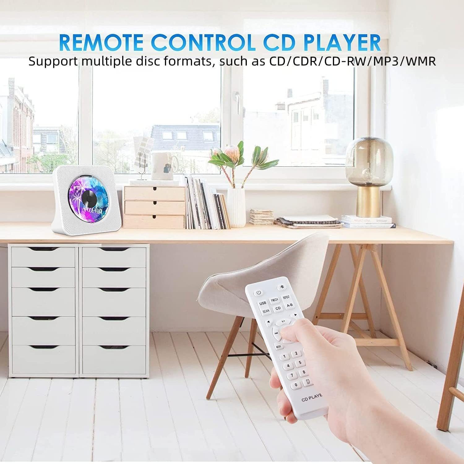 ASLENY Tragbarer CD-Player mit Bluetooth, Desktop für Zuhause CD-Player (FM-Radio-Boombox mit Fernbedienung, USB-Anschluss, LCD-Display)
