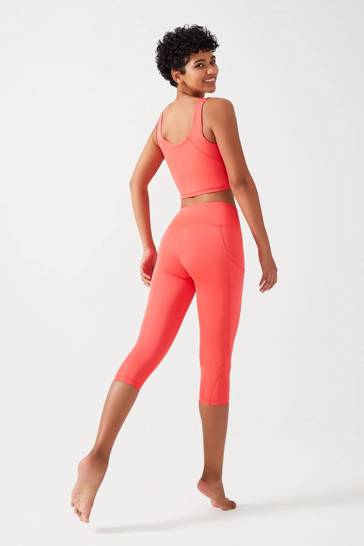 LOS OJOS  Damen-Capri-Leggings in Koralle mit hoher Taille, glättend, doppelte Tasche unterhalb des Knies
