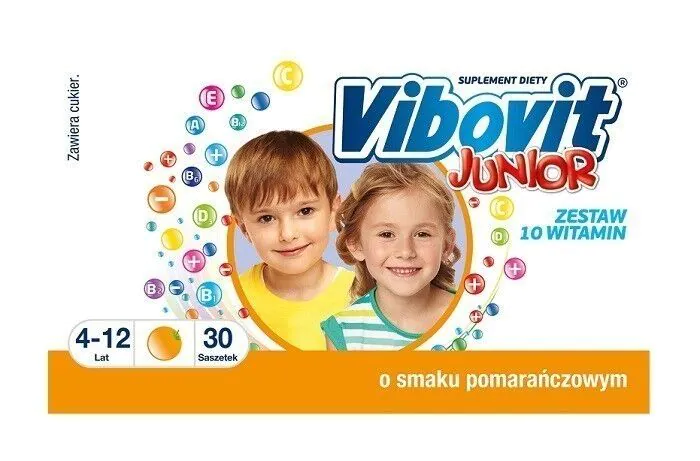 Vibovit Junior, vitaminų rinkinys vaikams nuo 4 metų amžiaus, apelsinų skonio, pakeliai