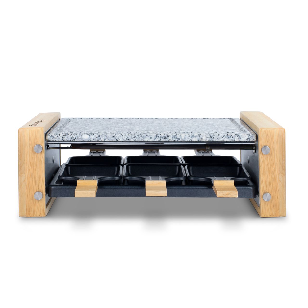 H.Koenig Raclettegerät WOD6 für 6 Personen, professionell, 900 W, Käseschaber, Fondue, Naturstein, Granitstein, abnehmbare Platte, Zubehör 6 Pfännchen & 6 Holzspatel, 900 W
