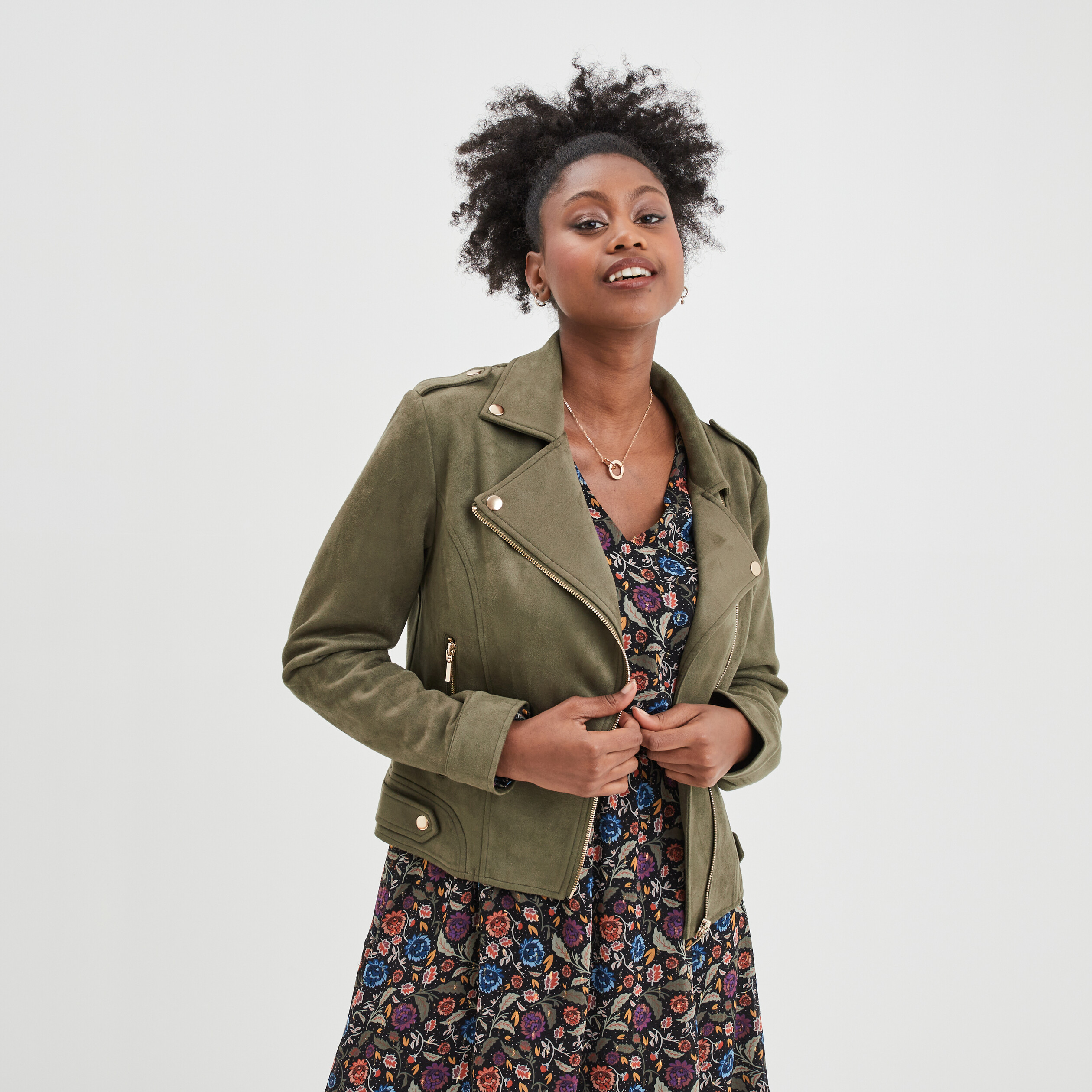 Veste esprit biker effet suédine vert kaki femme | La Halle