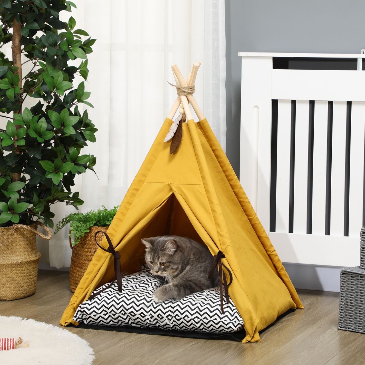 PawHut Katzenhöhle, Katzenzelt, Tierbett im Tipi-Design, Katzenhaus, Gelb
