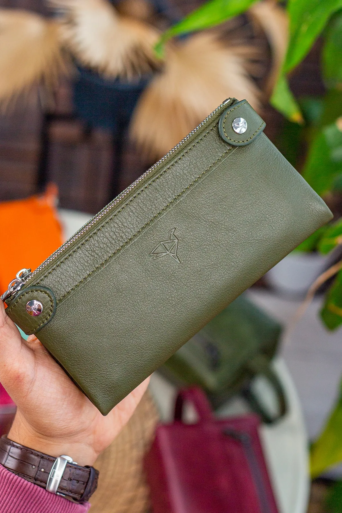 Garbalia  Roosevelt Unisex-Portfolio-Geldbörse aus echtem Leder in Grün mit Handyfach und Griff