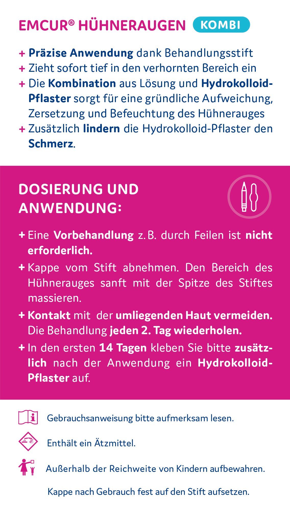 EMCUR Anti-Hühneraugenstift Hühneraugen Kombi, Stift zum Entfernen von Hühneraugen inkl. Pflaster, 3 ml