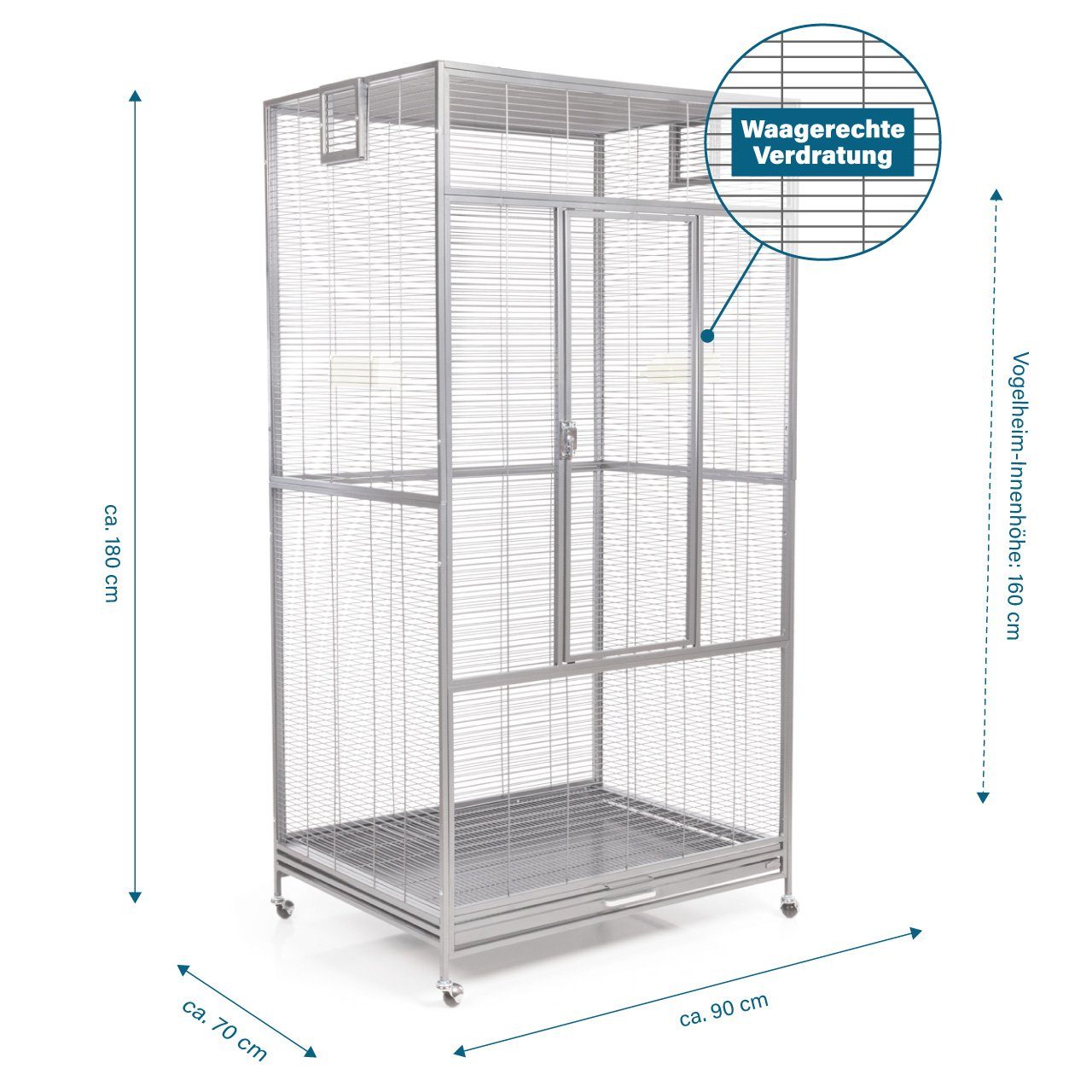 Montana Cages Vogelkäfig New Sydney - Platinum, Wagerechter Verdrahtung ca. 90 x 70 x 180 cm, XXL Sittich Voliere Zink- und Schwermetall-frei, Ungiftig