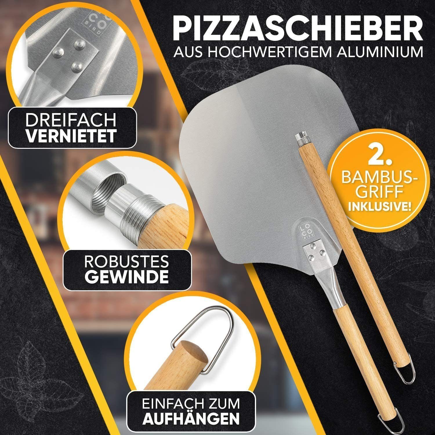 Sidorenko Pizzastein Backstein für Backofen & Gasgrill inkl. Pizzasschieber - 3er Set - Pizzastein rechteckig aus Cordierit für knusprigen Pizzaboden wie vom Italiener, Pizzaschieber und Rezeptbuch, Cordierit
