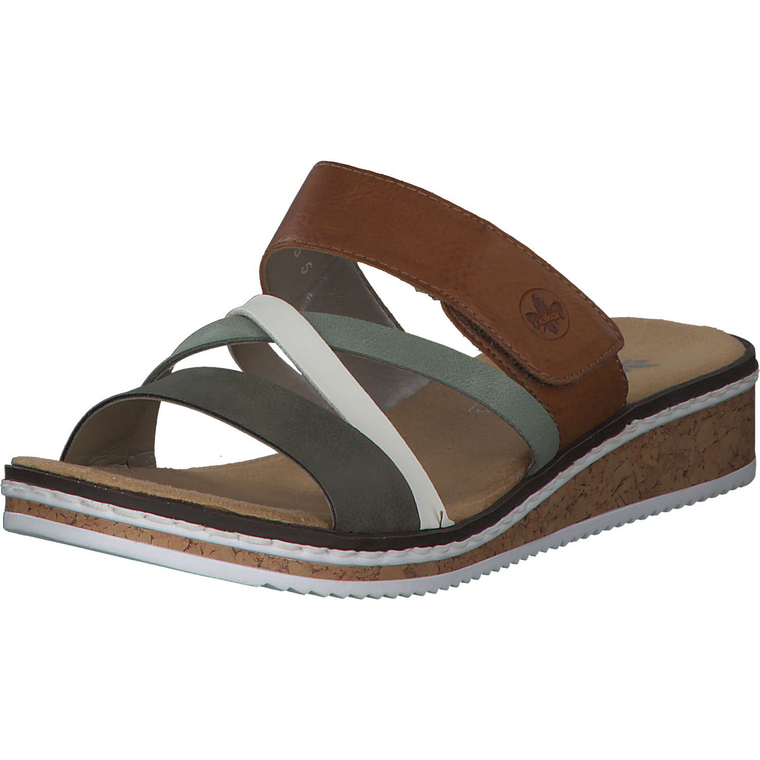 Rieker V3652, Plateau-Pantoletten, Damen, Braun / Weiß / Olive