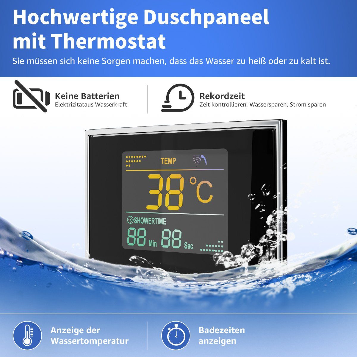 MULISOFT Brausegarnitur 6 in 1 Duschsäule Massagedusche, Regendusche,Handbrause Wanneneinlauf, 6 Strahlart(en), Duschpaneel Edelstahl mit Thermostat für Badezimmer Dusche