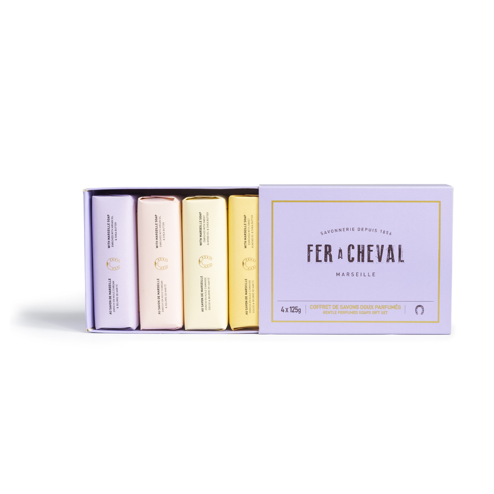 fer à cheval 4 SAVONS DOUX PARFUME 125G - PETALES DEROSE LAVANDE MIEL&AMANDE THE BLANC&YUZU Savon Solide