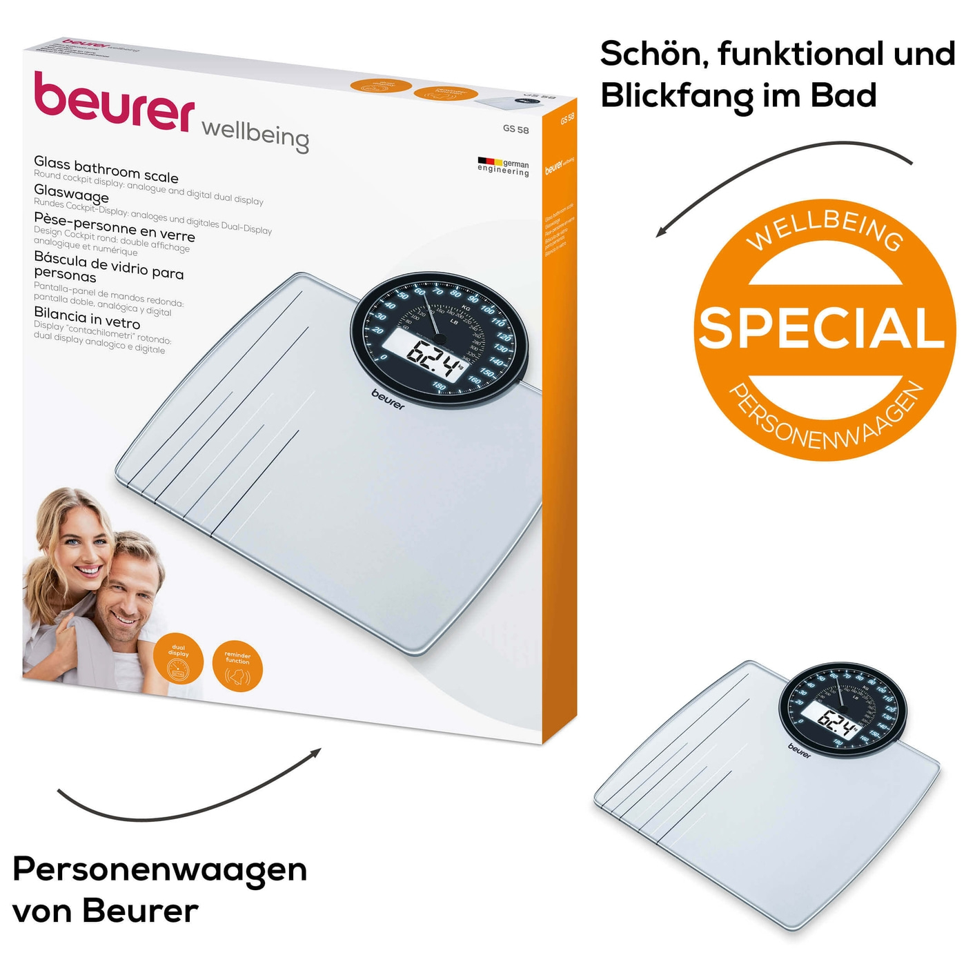 Beurer Glaswaage - GS 58-Angesagte Glaswaage mit rundem Cockpit-Display