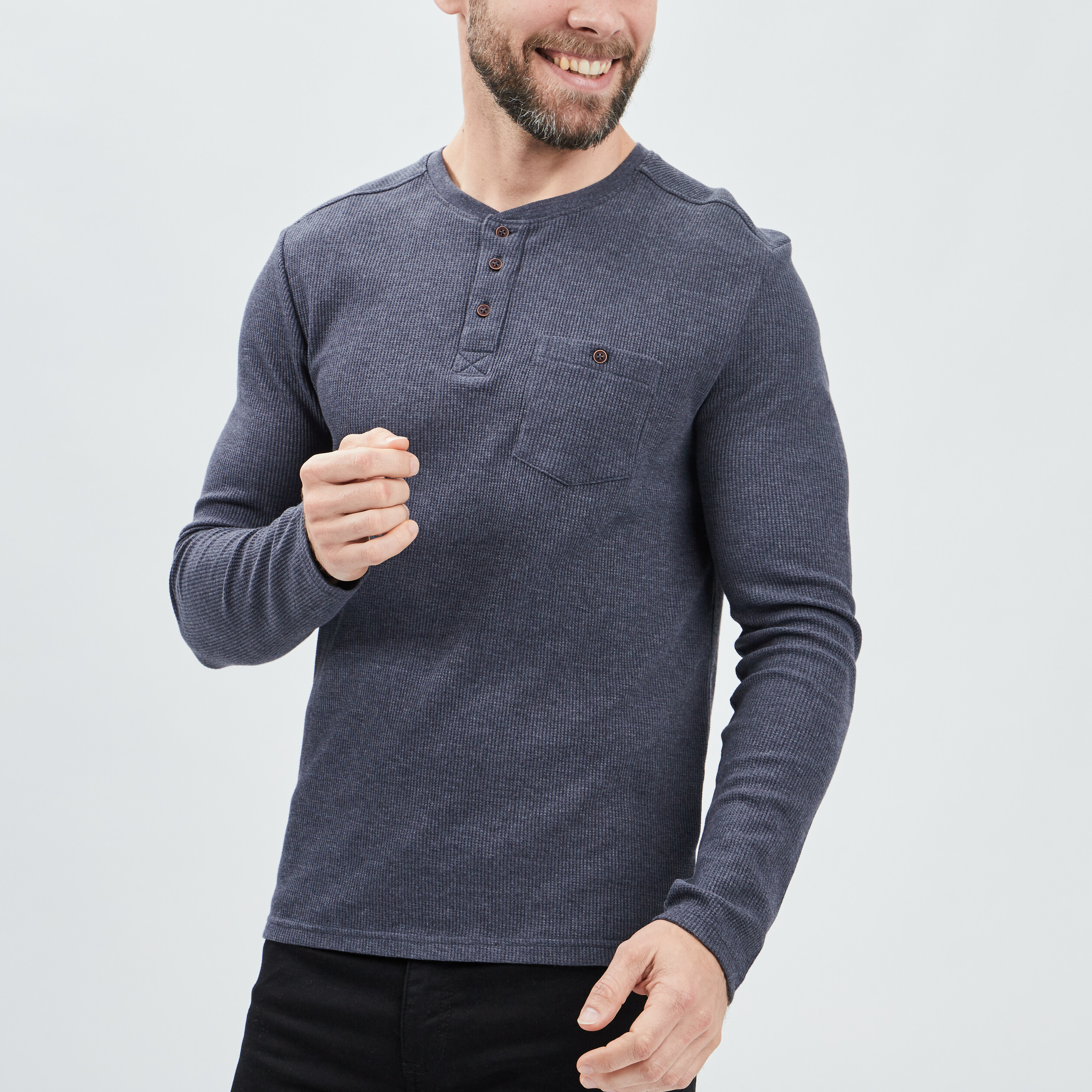 T-shirt manches longues col tunisien bleu marine homme | La Halle
