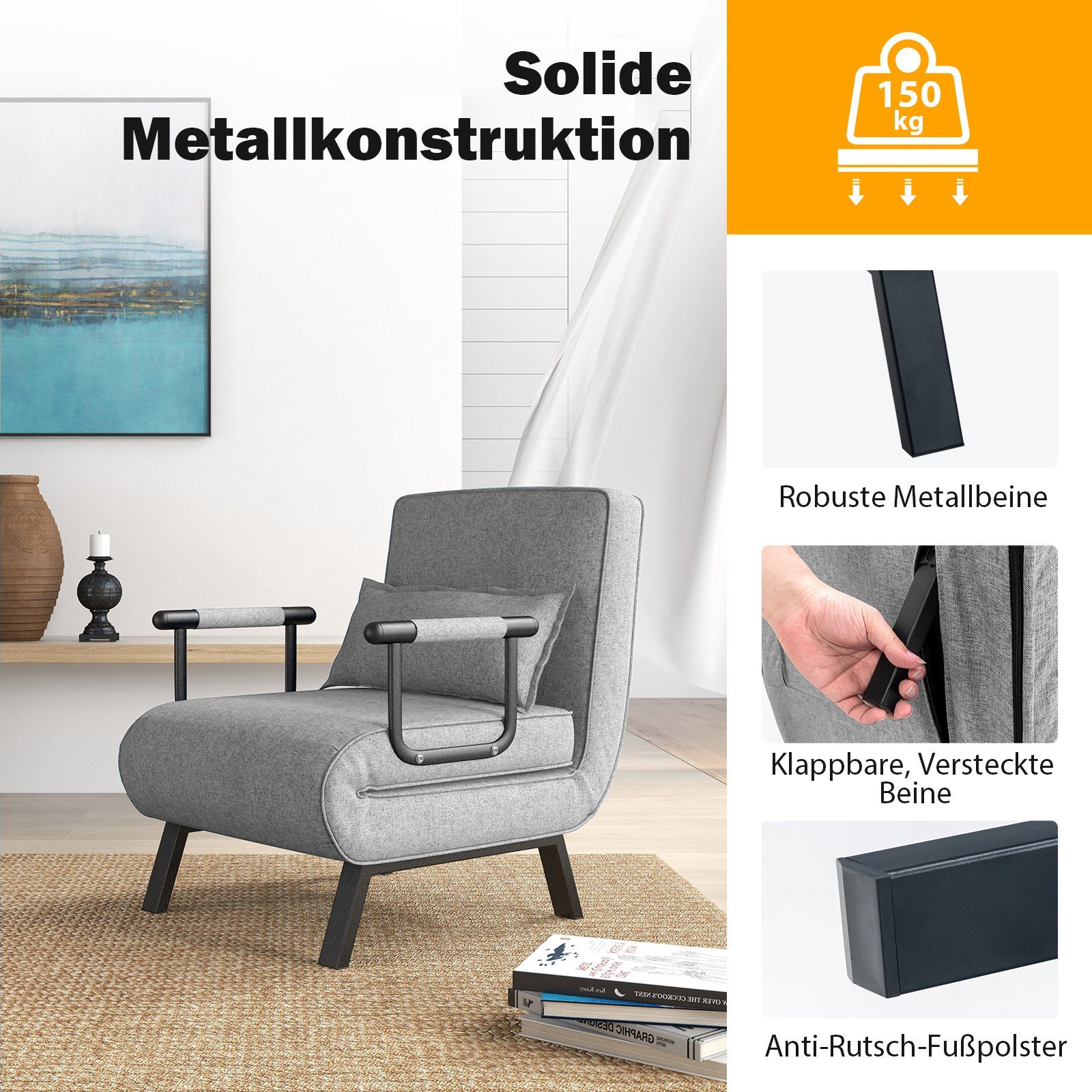 COSTWAY Schlafsofa, 4 in 1, klappbar, mit verstellbarer Rückenlehne, 150 kg