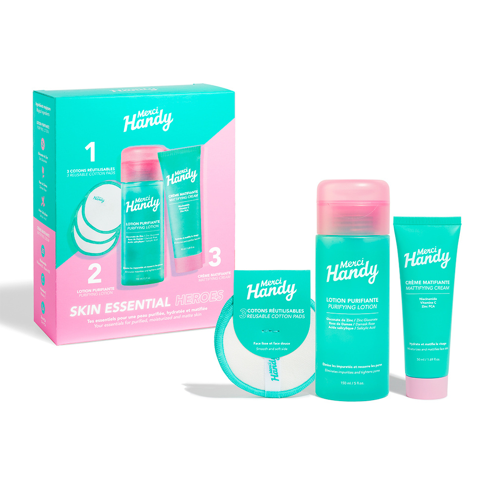 Merci Handy Skin Essential Heroes Lotion purifiante, crème matifiante et 3 cotons réutilisables