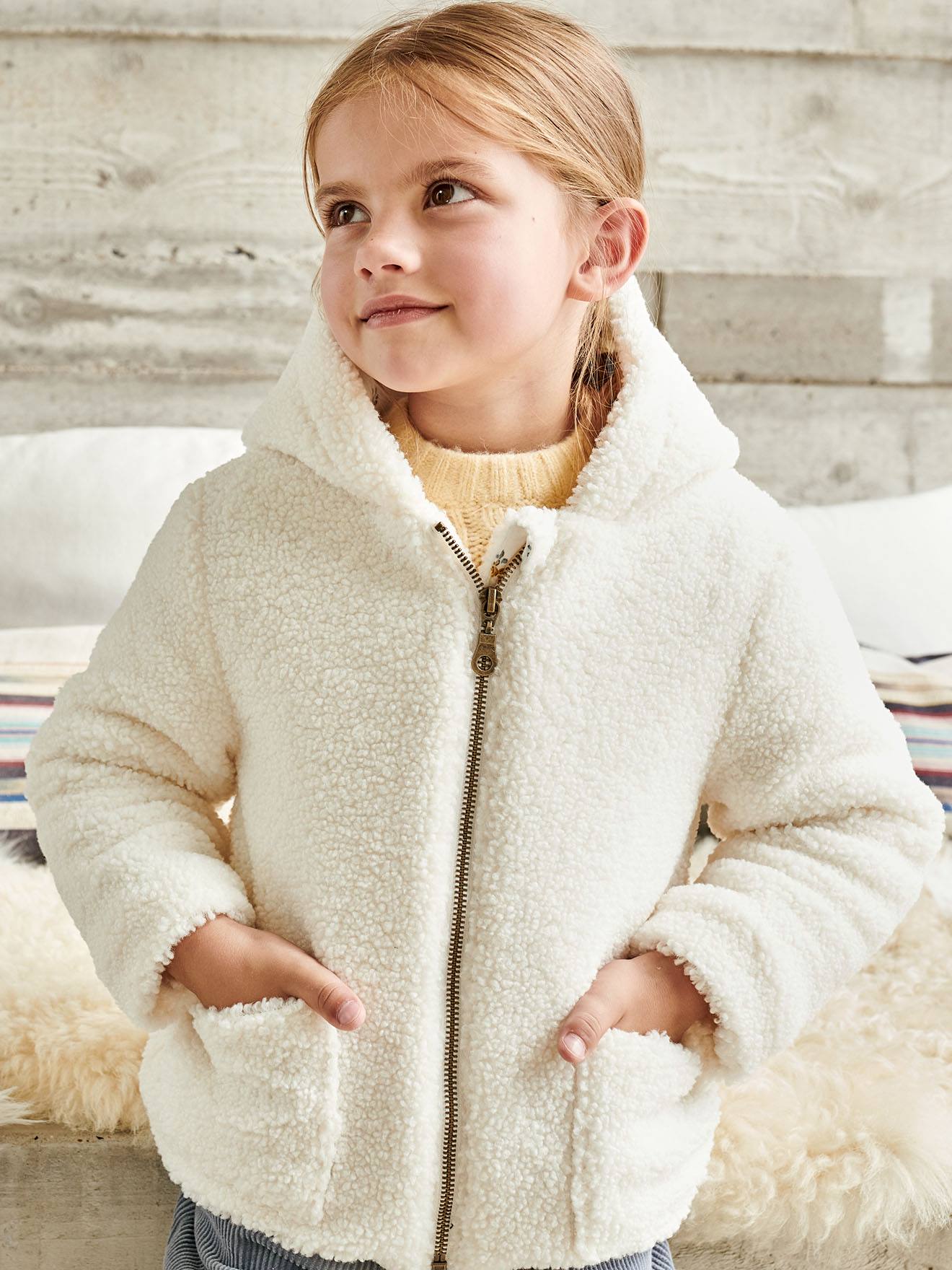 Veste à capuche en sherpa fille ivoire