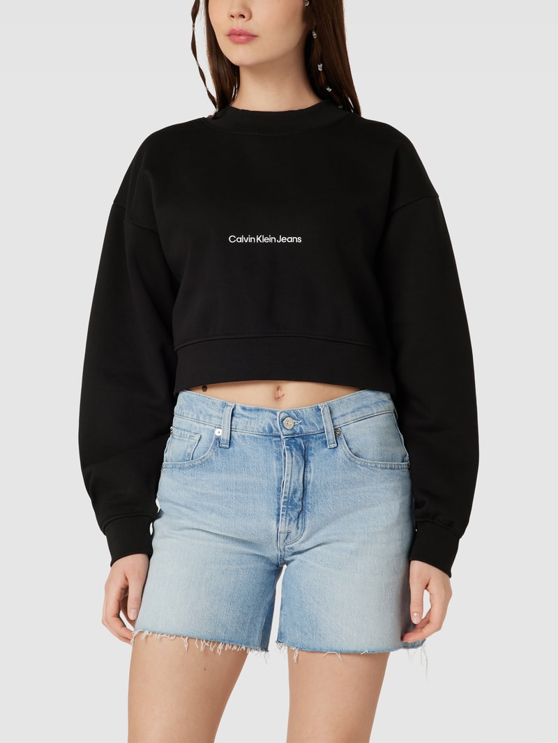 Cropped Sweatshirt mit Label-Stitching in schwarz