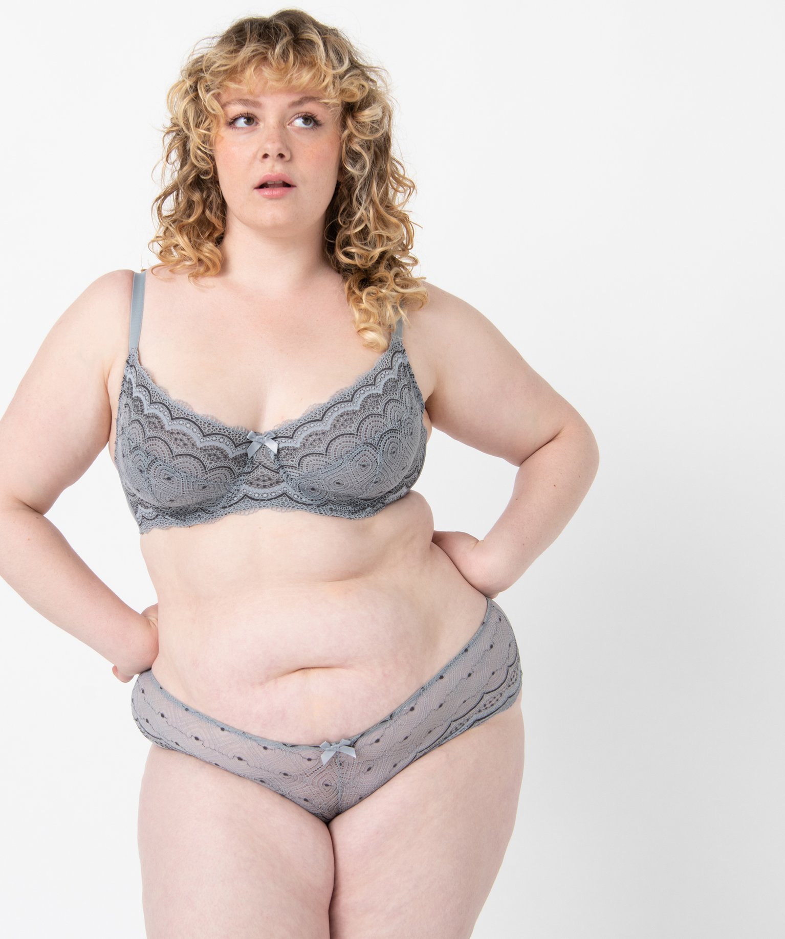 Shorty en dentelle et tulle femme grande taille gris | GEMO