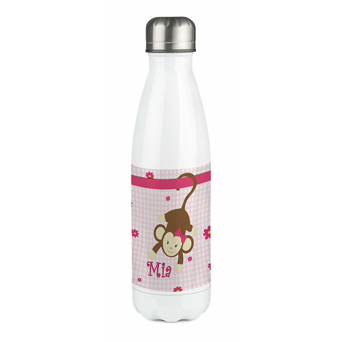 Edelstahl Kinder Thermoflasche / Trinkflasche bunt Affe hängend Farbe rosa Spülmaschinenfest, Auslaufsicher, Bruchfest, Doppelwandig, Für Heißgetränke geeignet, Mit Deckel, Isoliert