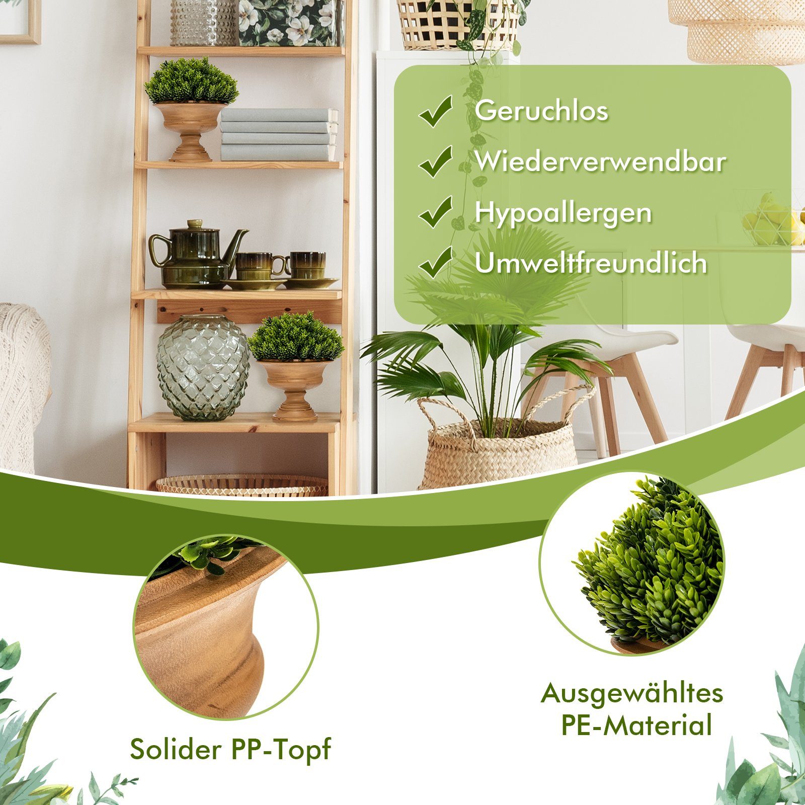 Kunstpflanze, COSTWAY, Höhe 30 cm, 4er Set Mini Künstliche Pflanzen mit Topf