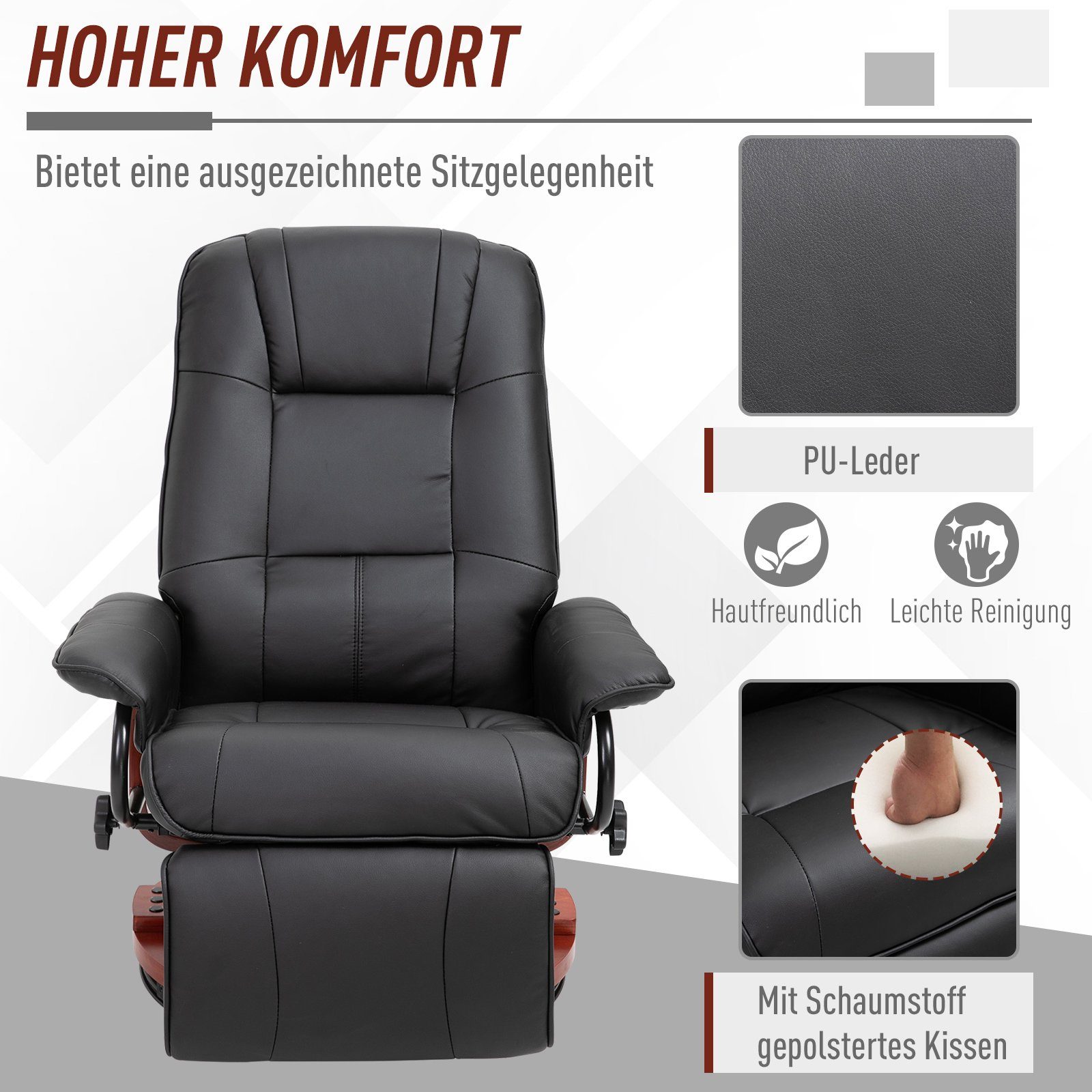 HOMCOM Relaxsessel Fernsehsessel Liegesessel Drehstuhl Holzfuß neigbar Schwarz