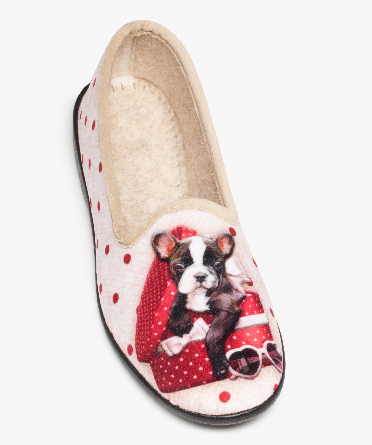 Chaussons femme en velours ras imprimés bouledogue beige | GEMO