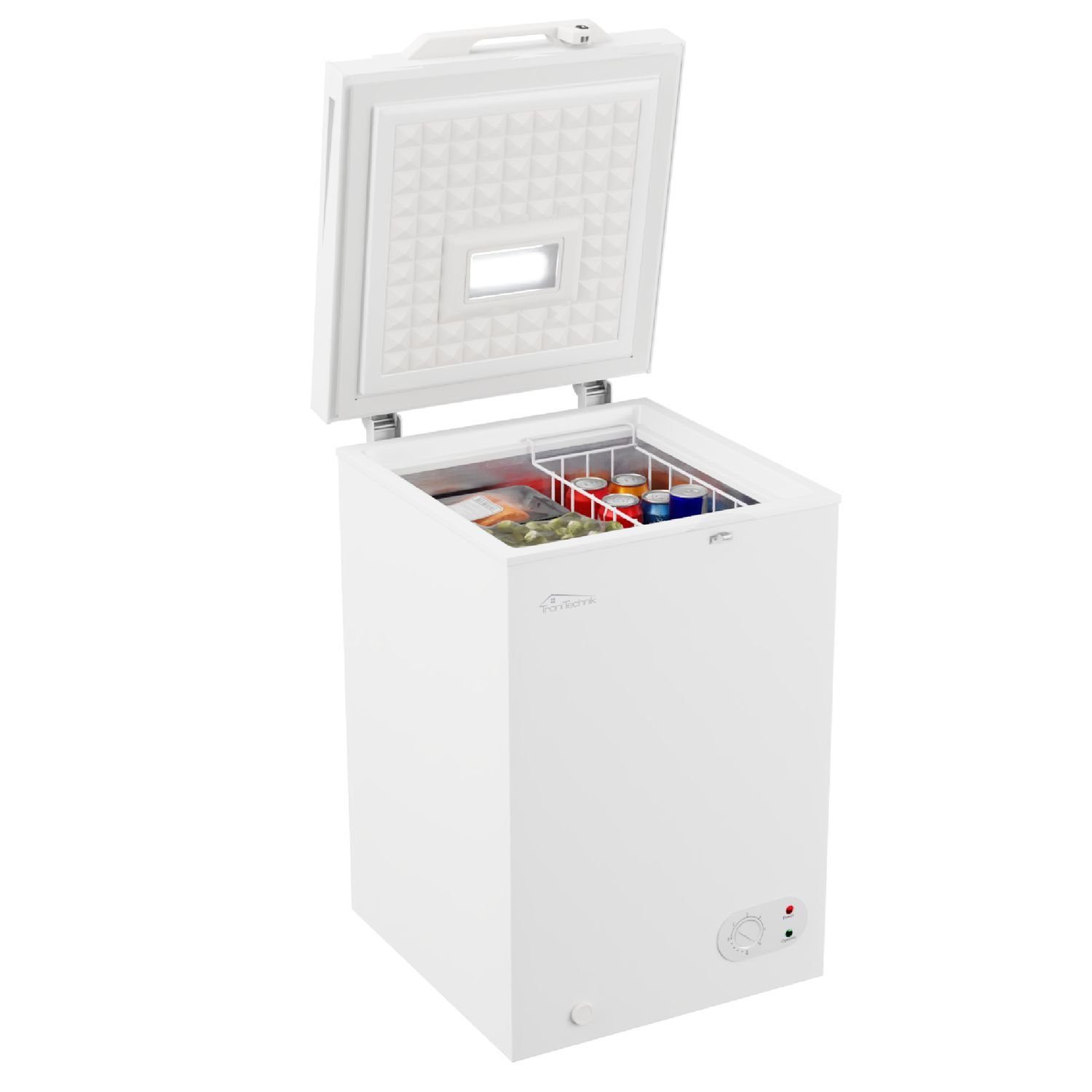 TroniTechnik Gefriertruhe BORGAR 110 PRO, 55 cm breit, 100 l, inkl. Dual Thermostat, LED Licht, Griff, Schloss, Rollen, Einlegekorb