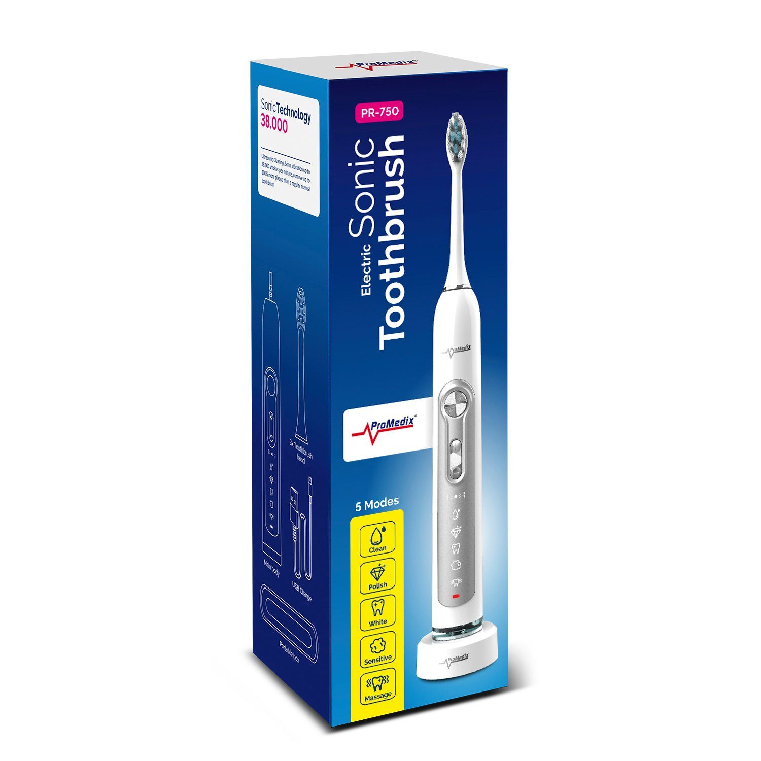 Promedix Schallzahnbürste PR-750, Aufsteckbürsten: 3 St., inkl. Ladestation & Reise-Etui; 5 Putzprogramme; Timer-Funktion; IPX7