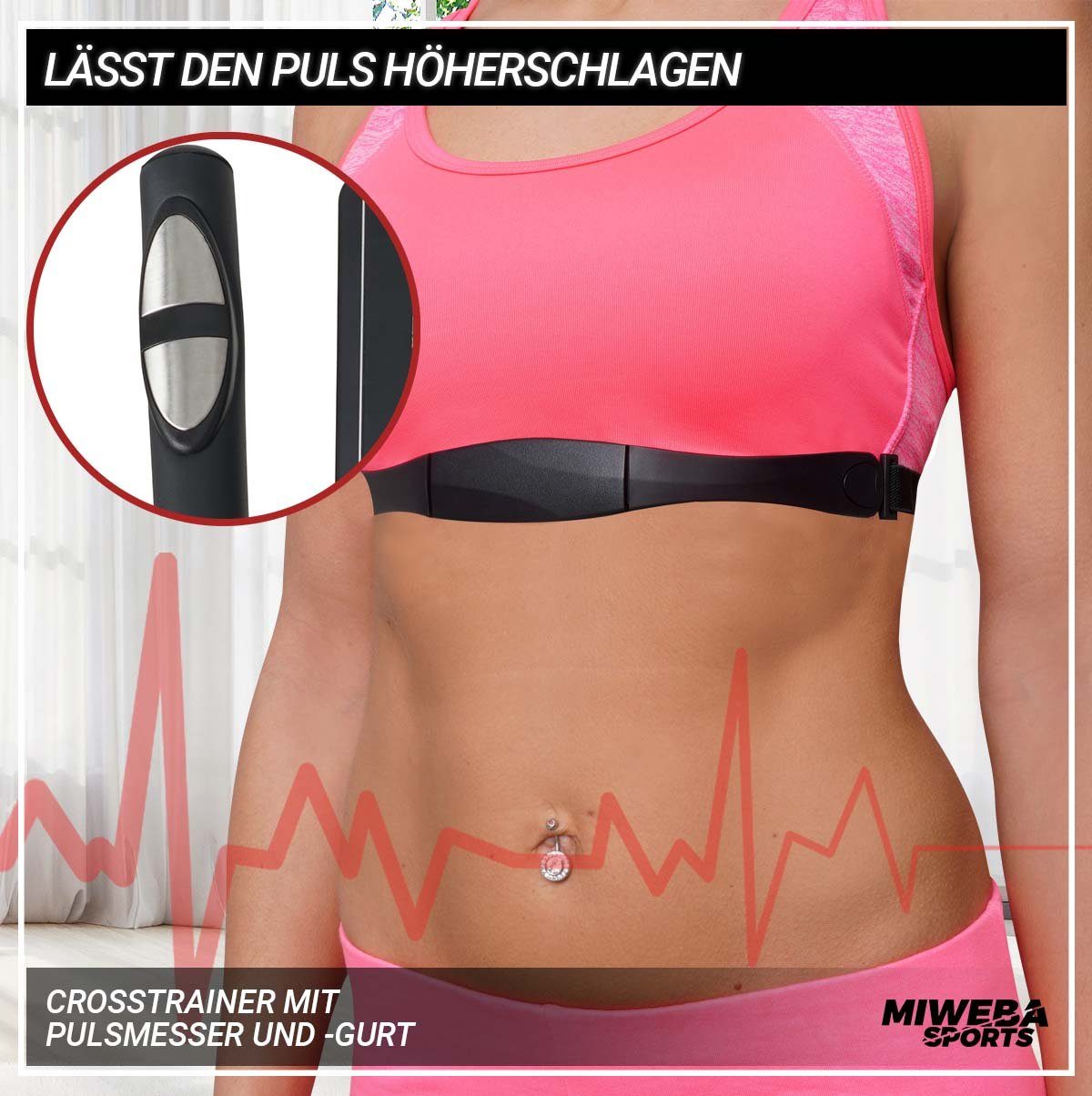 Miweba Sports Ellipsentrainer Profi Crosstrainer MC300 inkl. Pulsgurt - 21 kg Schwungmasse (8 Intensitätsstufen, 16 Trainings Programme, Cardio, Fitnessgerät, Sportgerät, verstellbar, 1-tlg., iConsole, Kinomap, FitHiWay App, großes LCD Display, Table