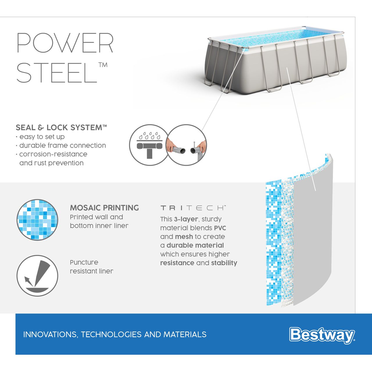 Bestway Power Steel™ Frame Pool-Set mit Filterpumpe 412 x 201 x 122 cm , lichtgrau, eckig