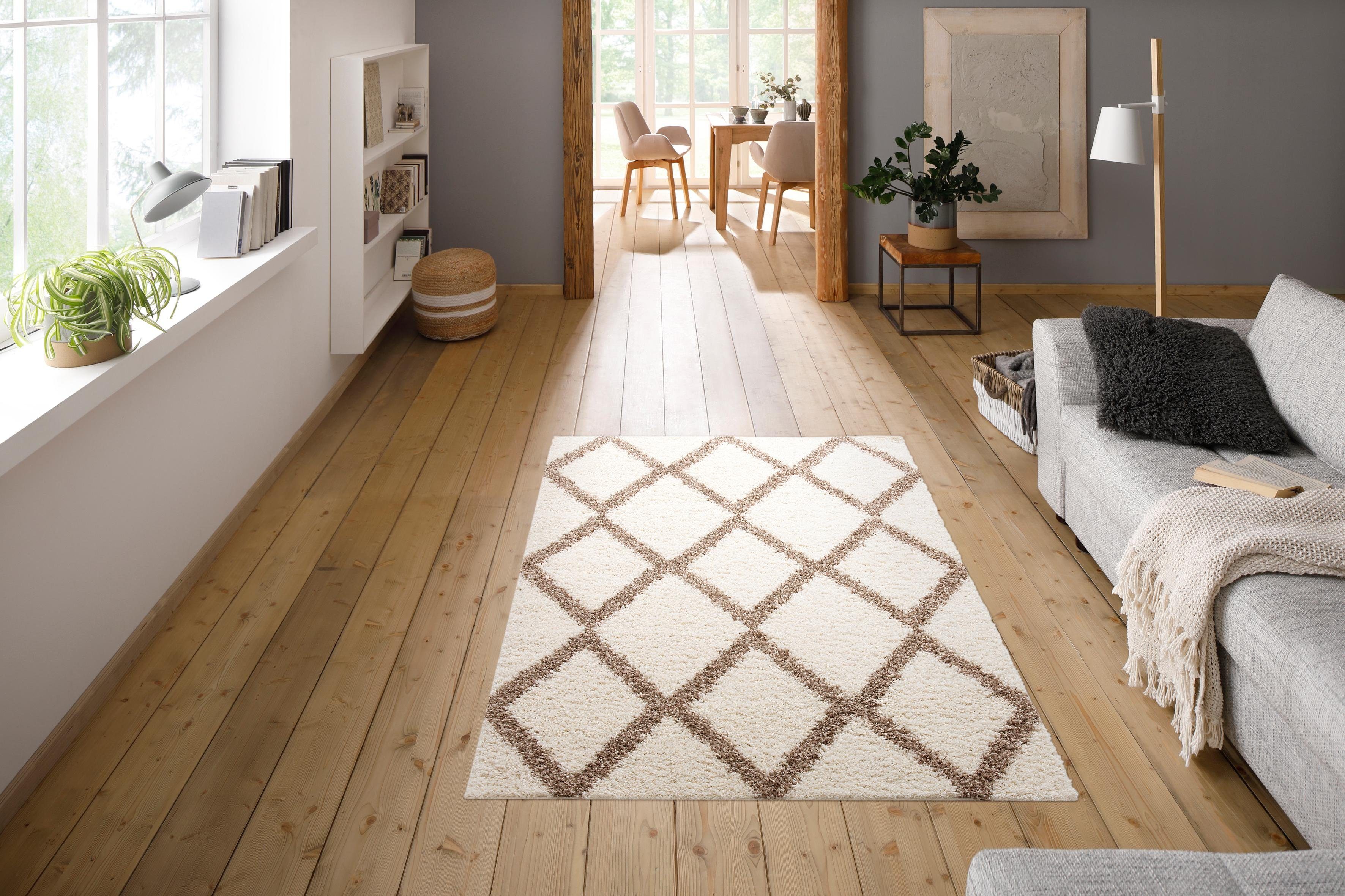 Hochflor-Teppich Linz, my home, rechteckig, Höhe: 31 mm, Rauten Design, Hochflor, besonders weicher Teppich, gewebt, rechteckig