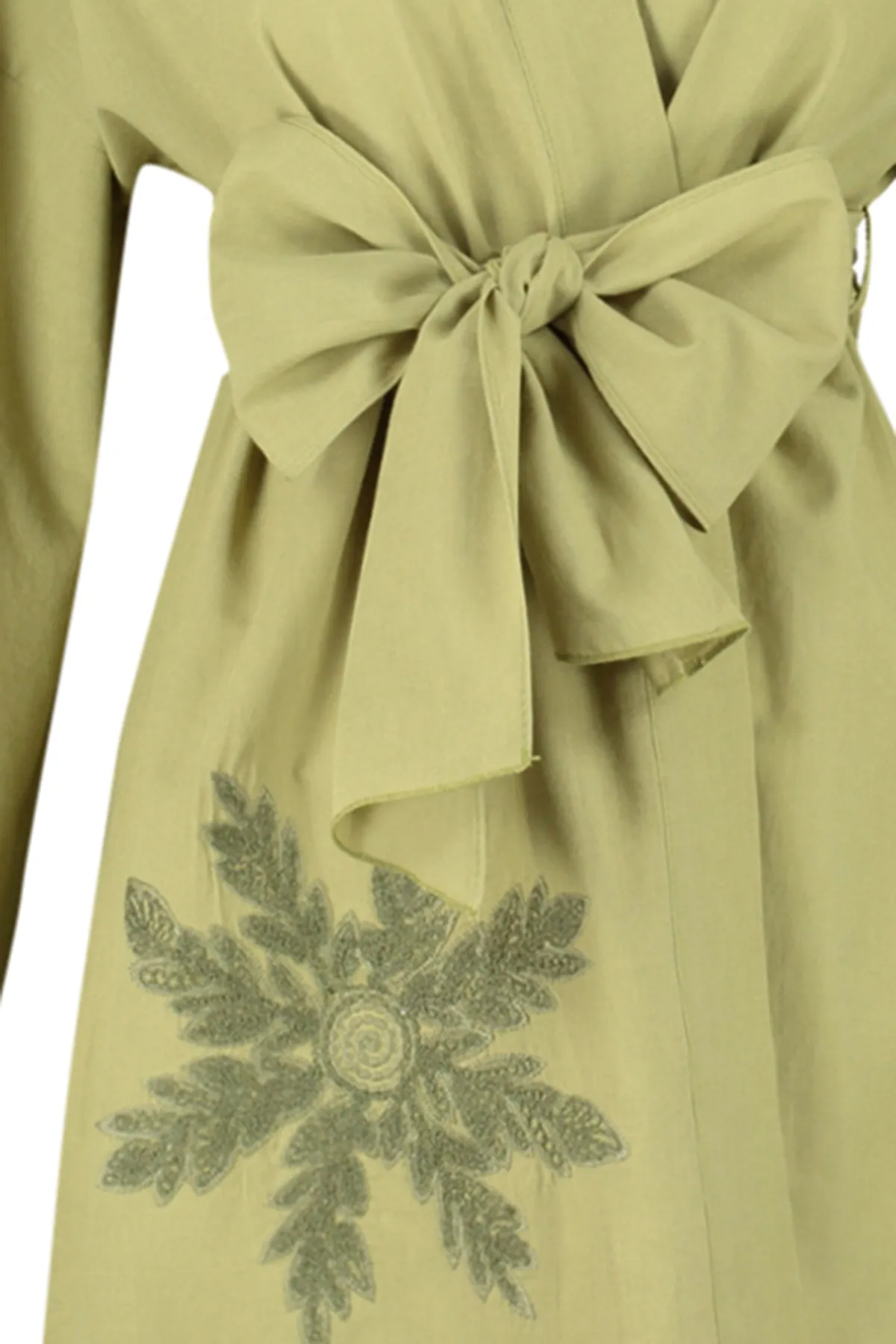 Trendyol Collection  Ölgrüner Mini-Kimono und Kaftan aus 100 % Baumwolle mit Gürtel, Stickereien und Stickereien TBESS24KM00008