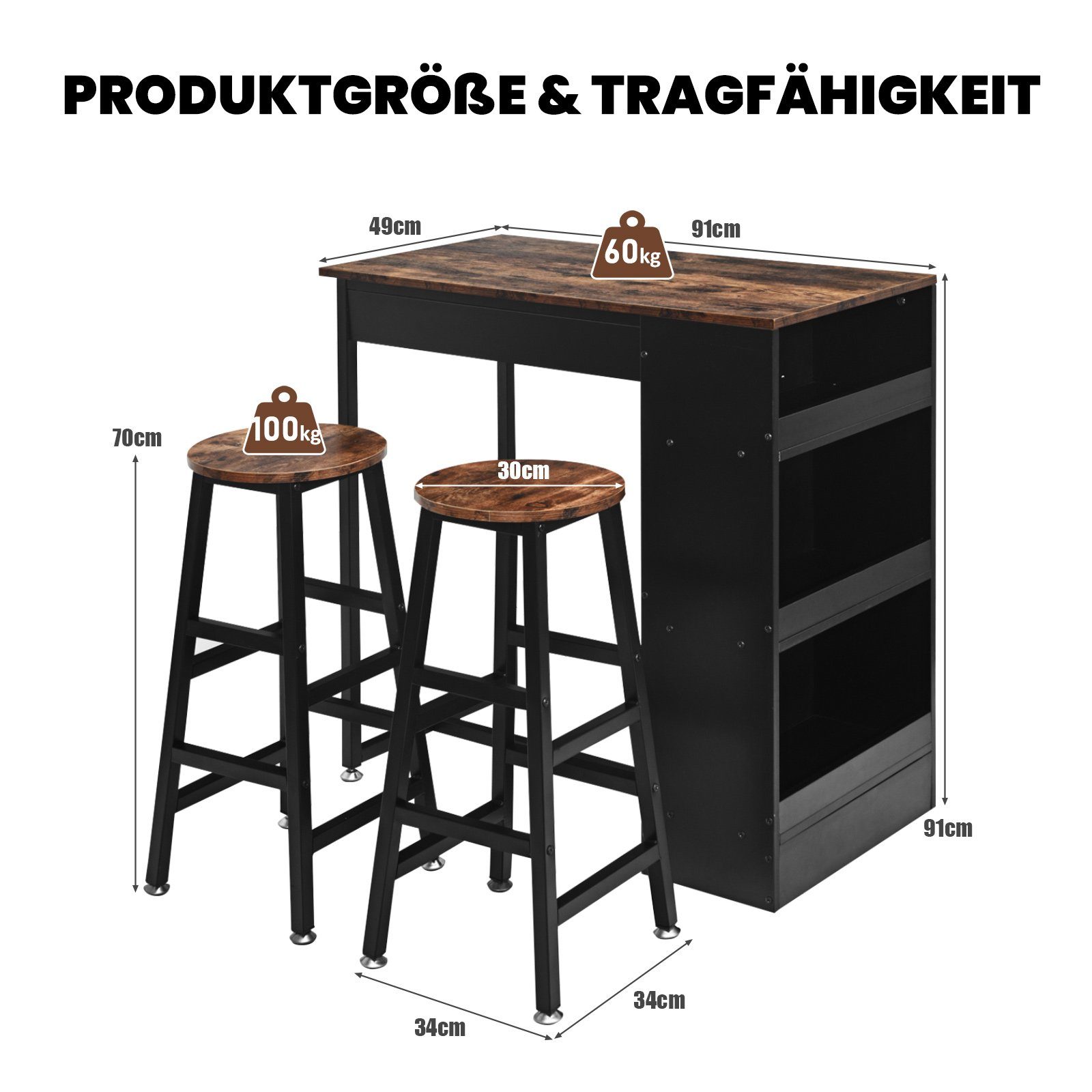 COSTWAY Bartisch, Set, mit 2 Barhockern und 3 Ablagen, 49x91x91cm, Industrie
