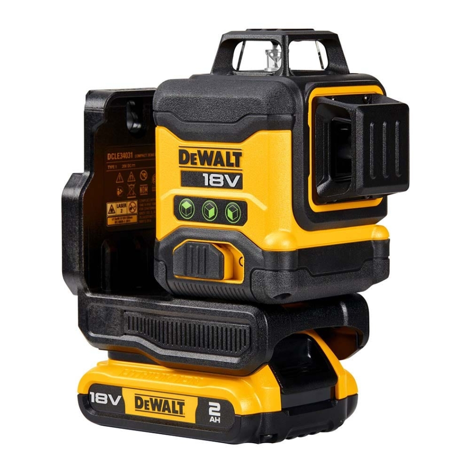 DeWalt DCLE34031D1 -QW Samonivelační křížový laserový nivelátor 3x360° zelený paprsek 18 V 2,0 Ah Li-Ion
