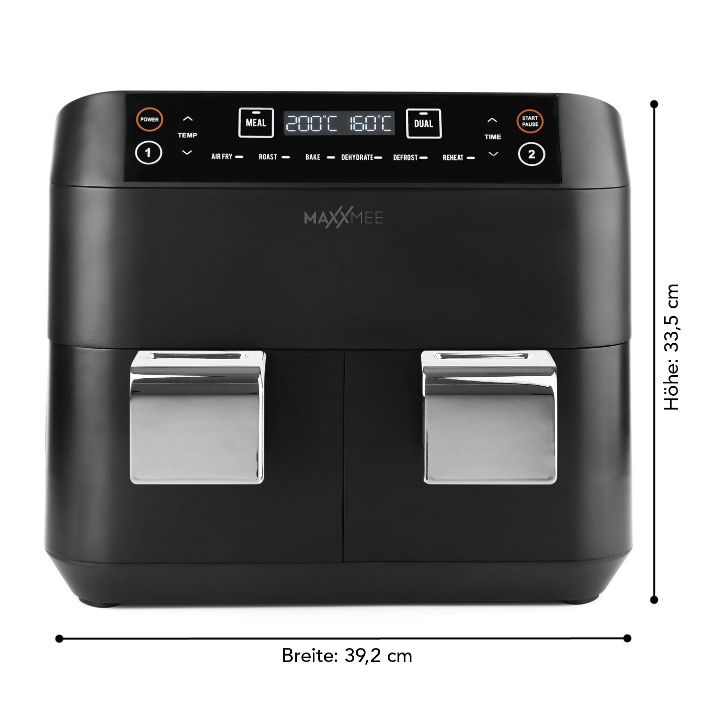 MAXXMEE Heißluftfritteuse Doppelkorb - 2x 3,8 l - 6 Programme Fritteuse, 2400 W, ohne Öl, 2 unanbhängige Garzonen