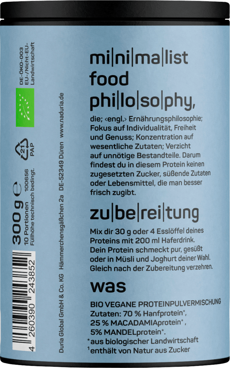 Proteinpulver Hanf, Macadamia & Mandel, ungesüßt, vegan, 300 g