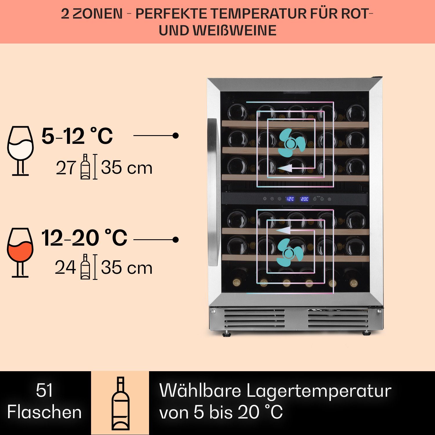 Klarstein Weinkühlschrank Vinovilla 50 duo, für 51 Standardflaschen á 0,75l,Wein Flaschenkühlschrank Weintemperierschrank Weinschrank Kühlschrank