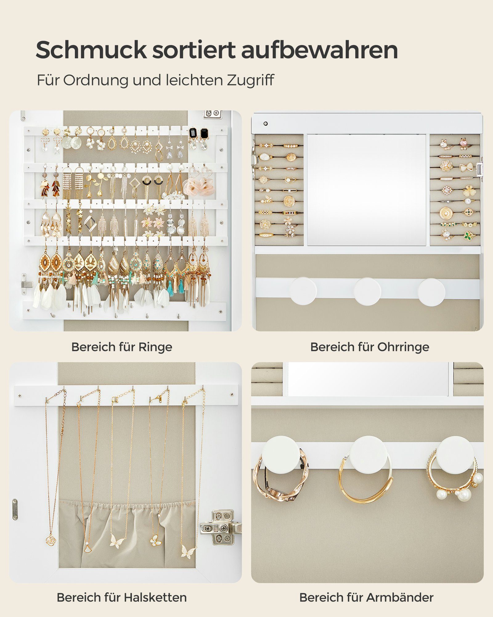 SONGMICS Schmuckschrank Spiegelschrank Wandschrank, mit LED-Beleuchtung